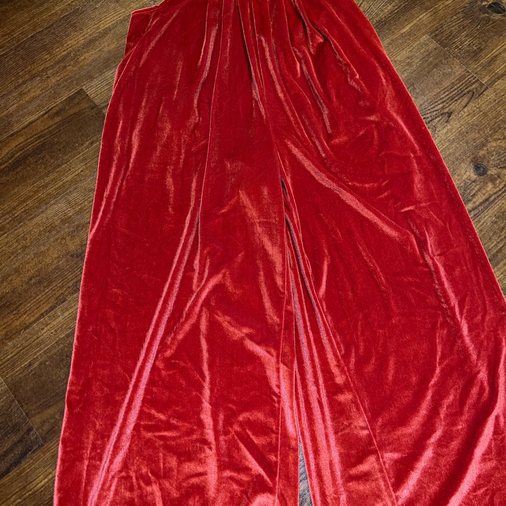 Red Velvet Wide-Leg Chic Boho Bib Jumpsuit Overalls With Silver Buttons Size L - Picture 10 of 13